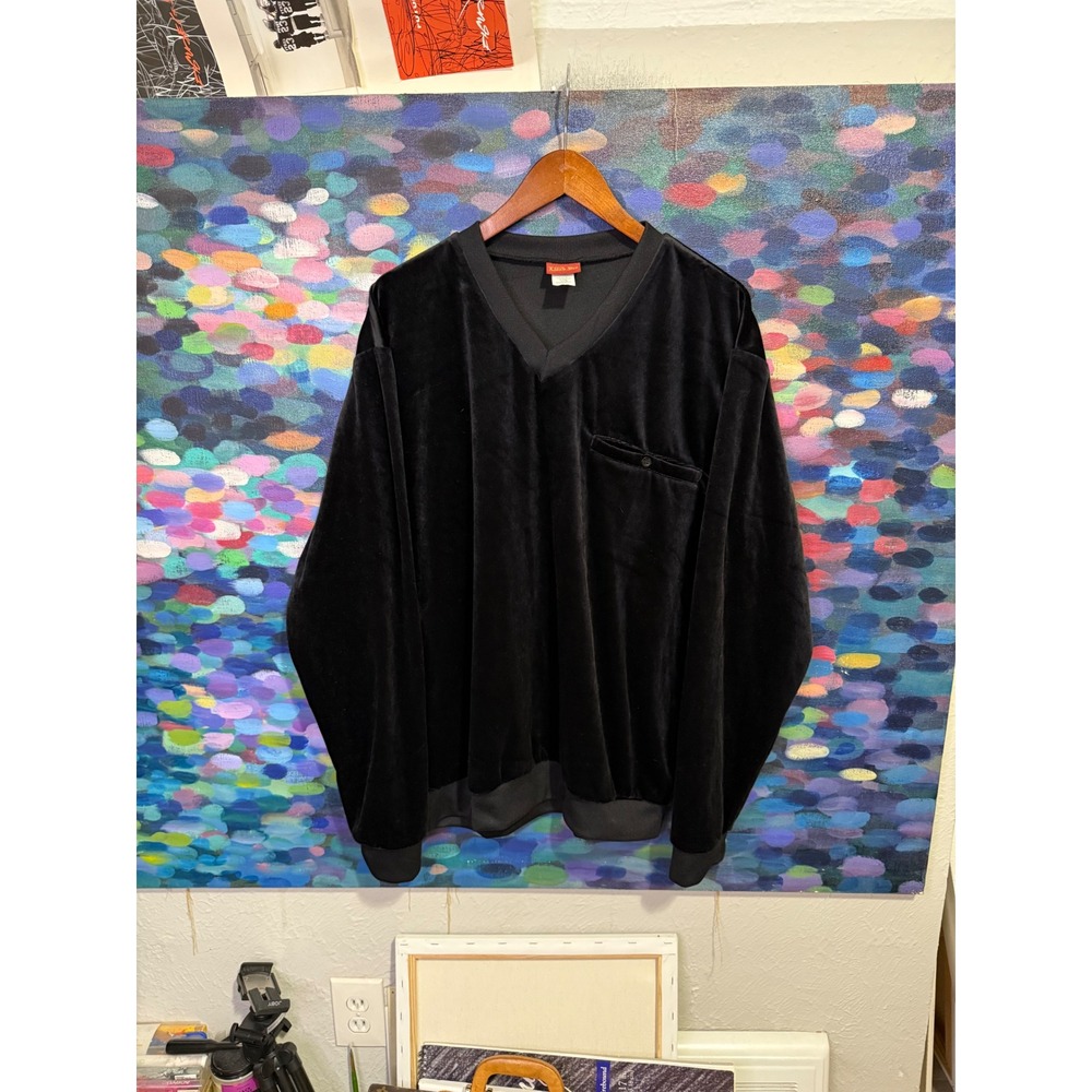 Haband Lions Den Mens XL Black Velour V-Neck Pullover Long Sleeve Pocket Shirt